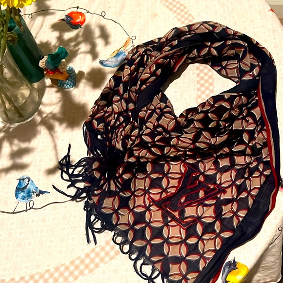 AUTHENTIC 🌺 LOUIS VUITTON Wool Silk Floral Logo Print Fringe Long Scarf Wr… - Picture 1 of 8